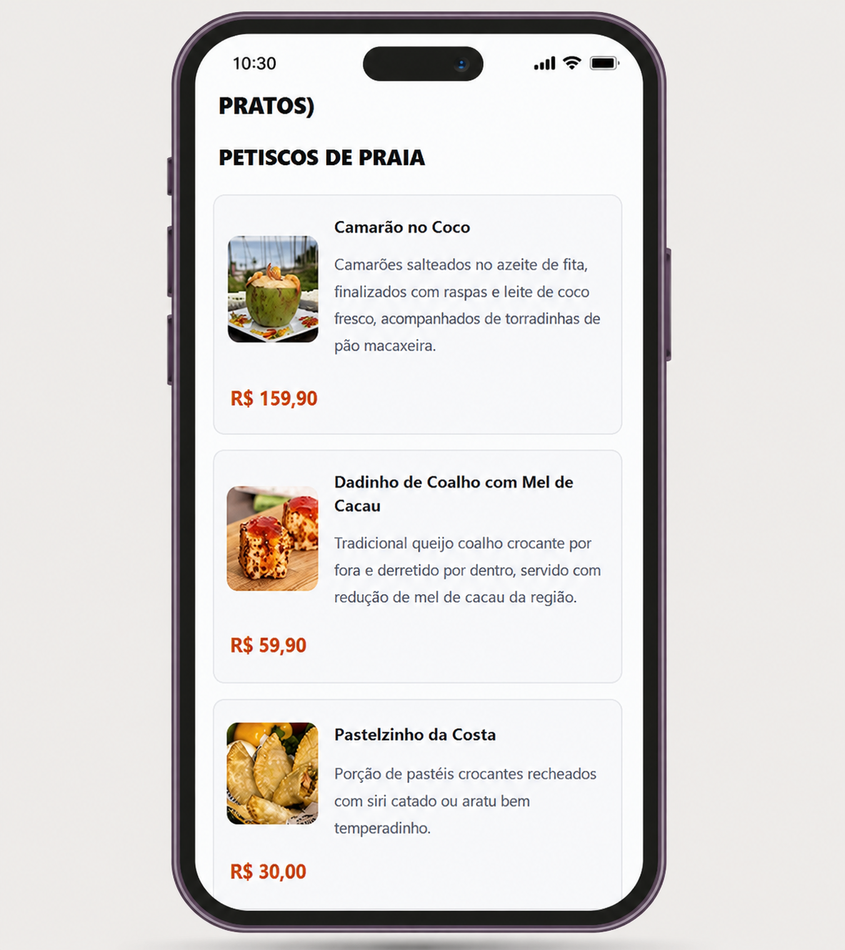 Tela do cardapio online com itens e precos em celular