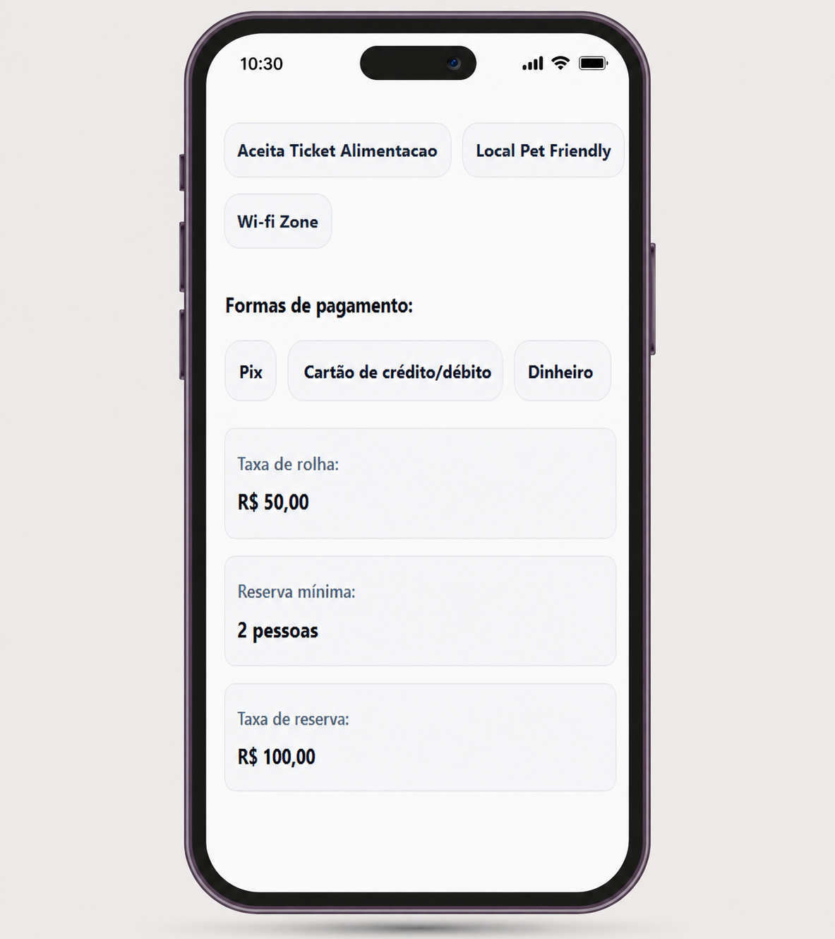 Tela de informacoes e pagamentos do cardapio online