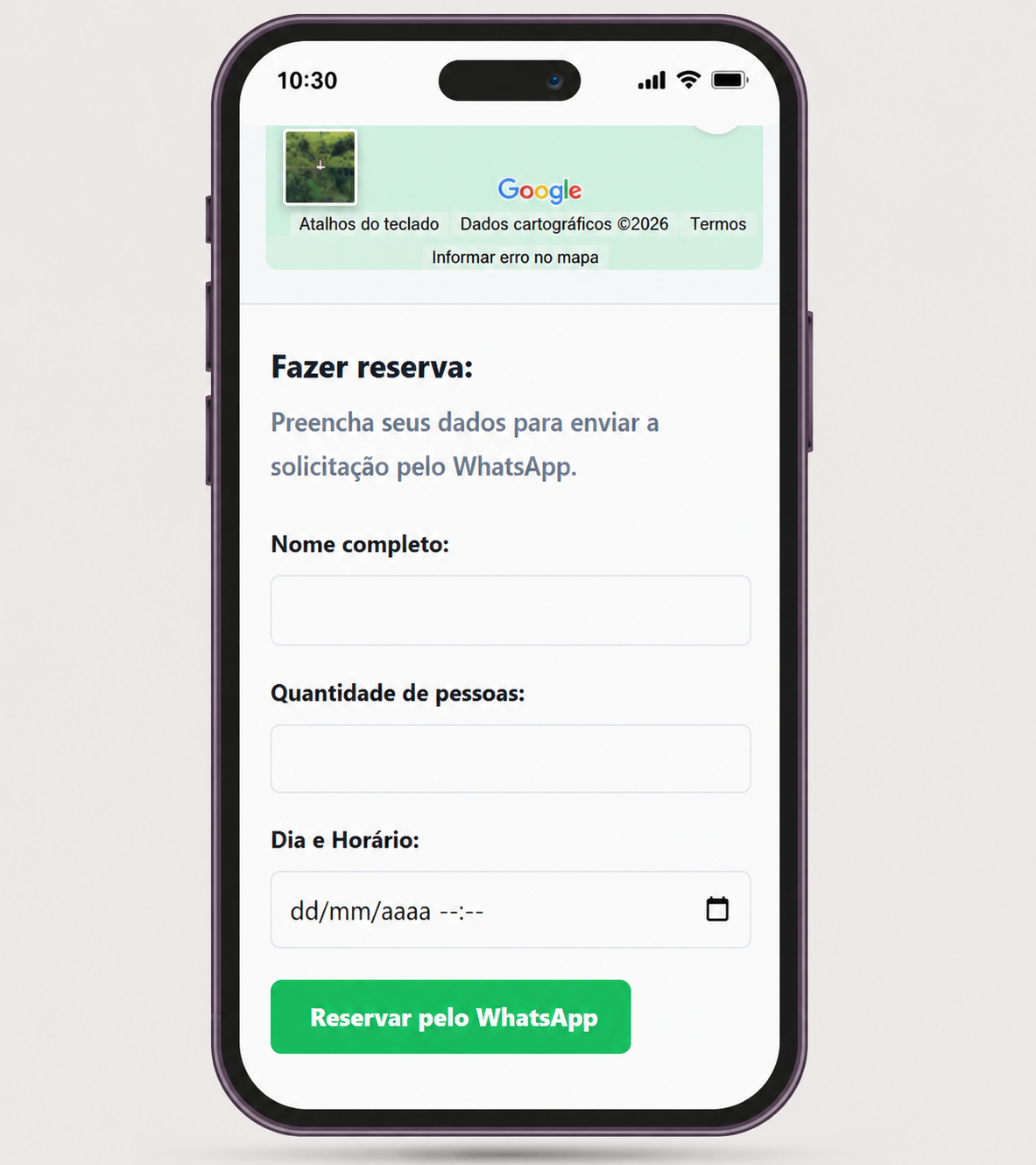 Tela de reserva pelo WhatsApp no cardapio online